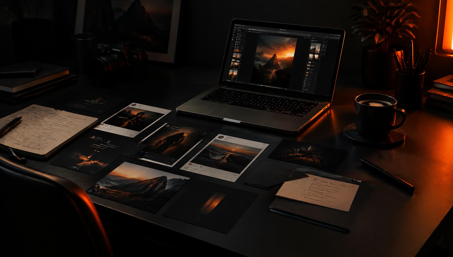 A dark creative studio desk lit by a warm ember glow